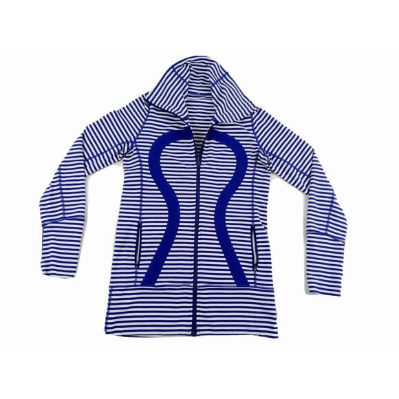 Lululemon In Stride Jacket Women's 4 Blue White Narrow Stripe Zip Up Athleisure - Picture 1 of 8